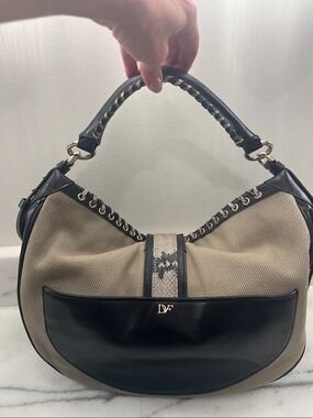 DIane Von Furstenberg Leather and fabric handbag with python details